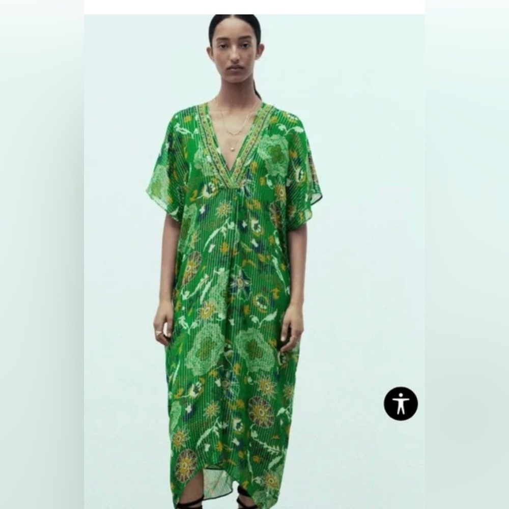 Zara V-neck Printed Shinmery Midi kaftan dress green